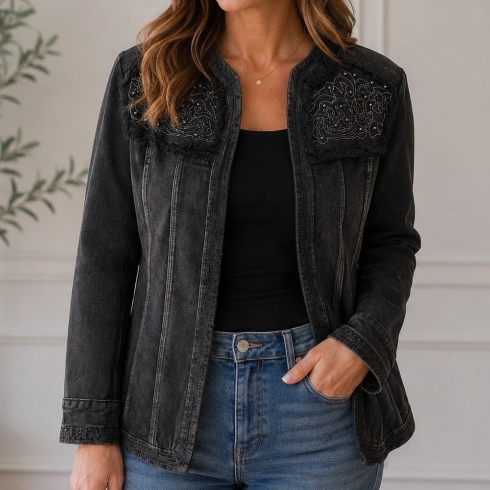 Reba Distressed Black Denim Jacket Embroidered Western Grunge Goth S Whimsygoth